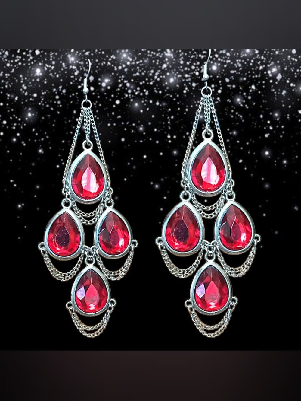 Silver-Tone Red Teardrop Chandelier Earrings - Fashion Jewelry